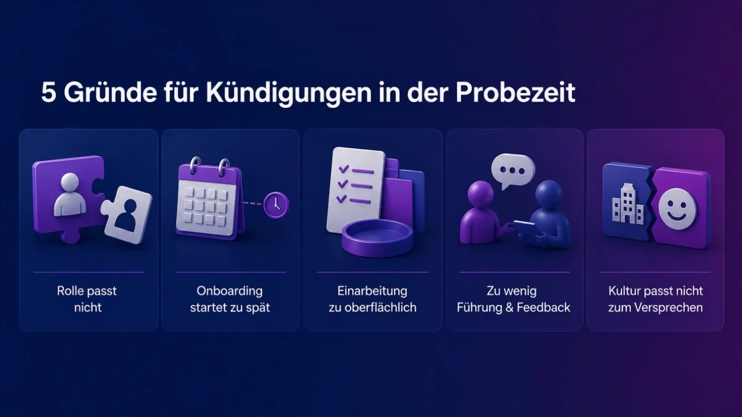 Fünf Gründe für Kündigungen in der Probezeit: Rolle passt nicht, Onboarding startet zu spät, Einarbeitung zu oberflächlich, zu wenig Führung und Feedback, Kultur passt nicht zum Versprechen